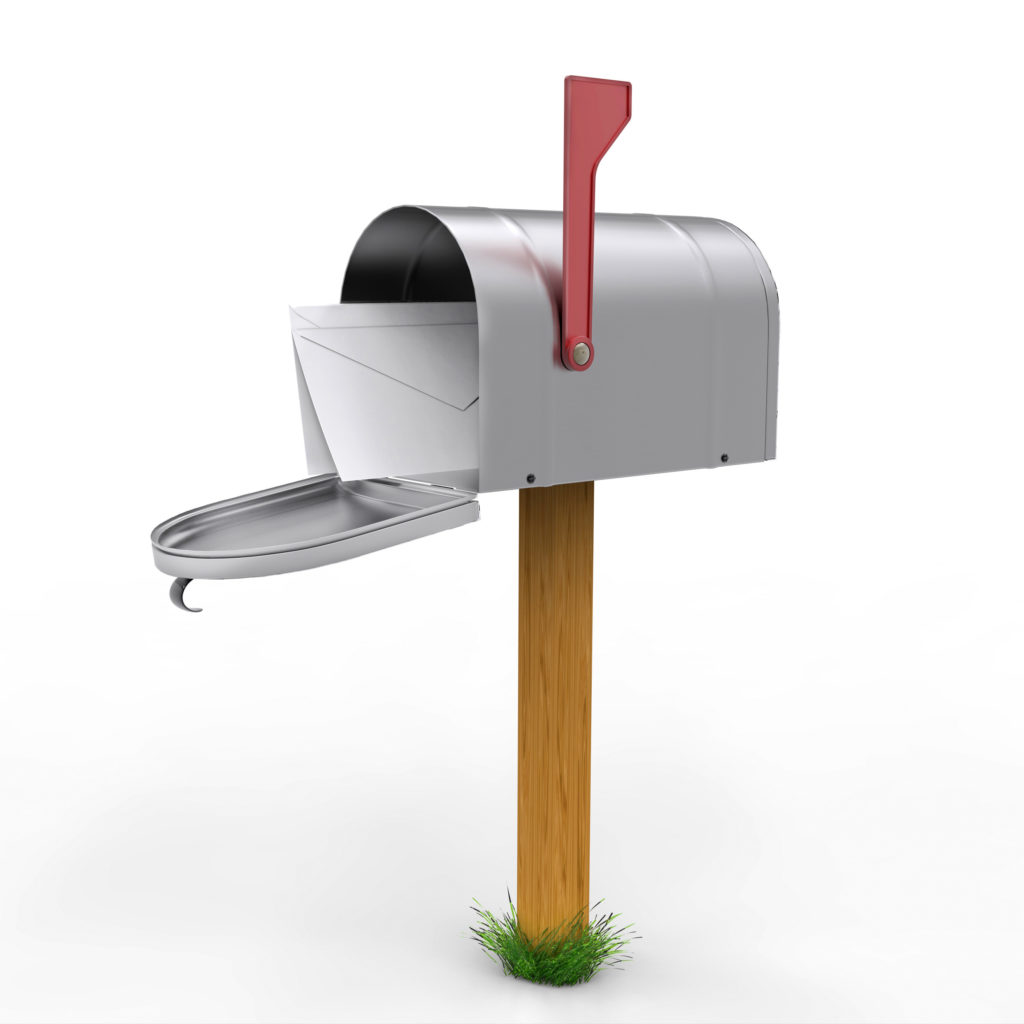 Open mailbox with envelope isolated on white background. 3D illustration. Green grass on stand