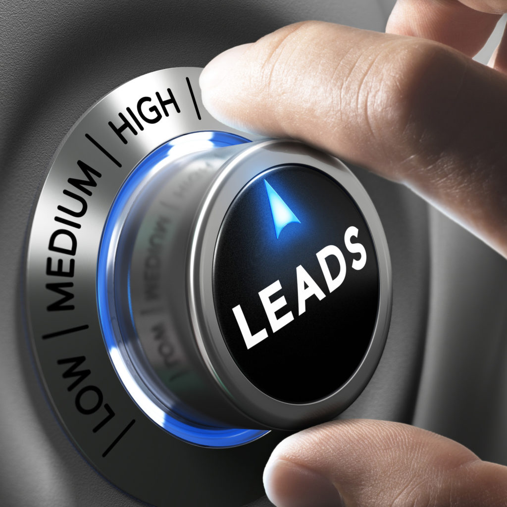 Leads button pointing  high position with two fingers, blue and grey tones, Conceptual image for increasing sales lead.